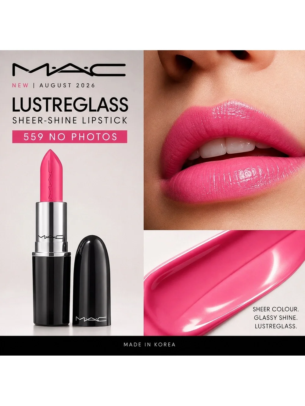 NEW MAC Lustreglass Sheer-Shine Lipstick 559 No Photos – NEW Shade August 2026
